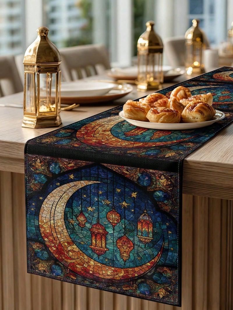 زينه رمضان مفرش طاولة رمضاني بتصميم هلال وفوانيس 33×72 سم – زينه رمضان للمنازل و الحفلات - Image 1